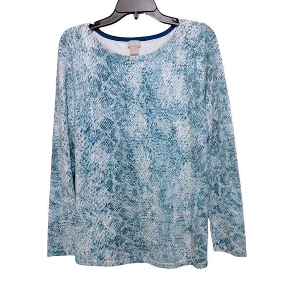 Chico's Blue Reptile Snake Print Bateau Neck Light Sweater Women's Size Large L - Picture 12 of 13